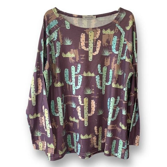Miss‎ Look Women's Cactus Print Long Sleeve Bateau Neck Blouse Top  2XL - Picture 1 of 7